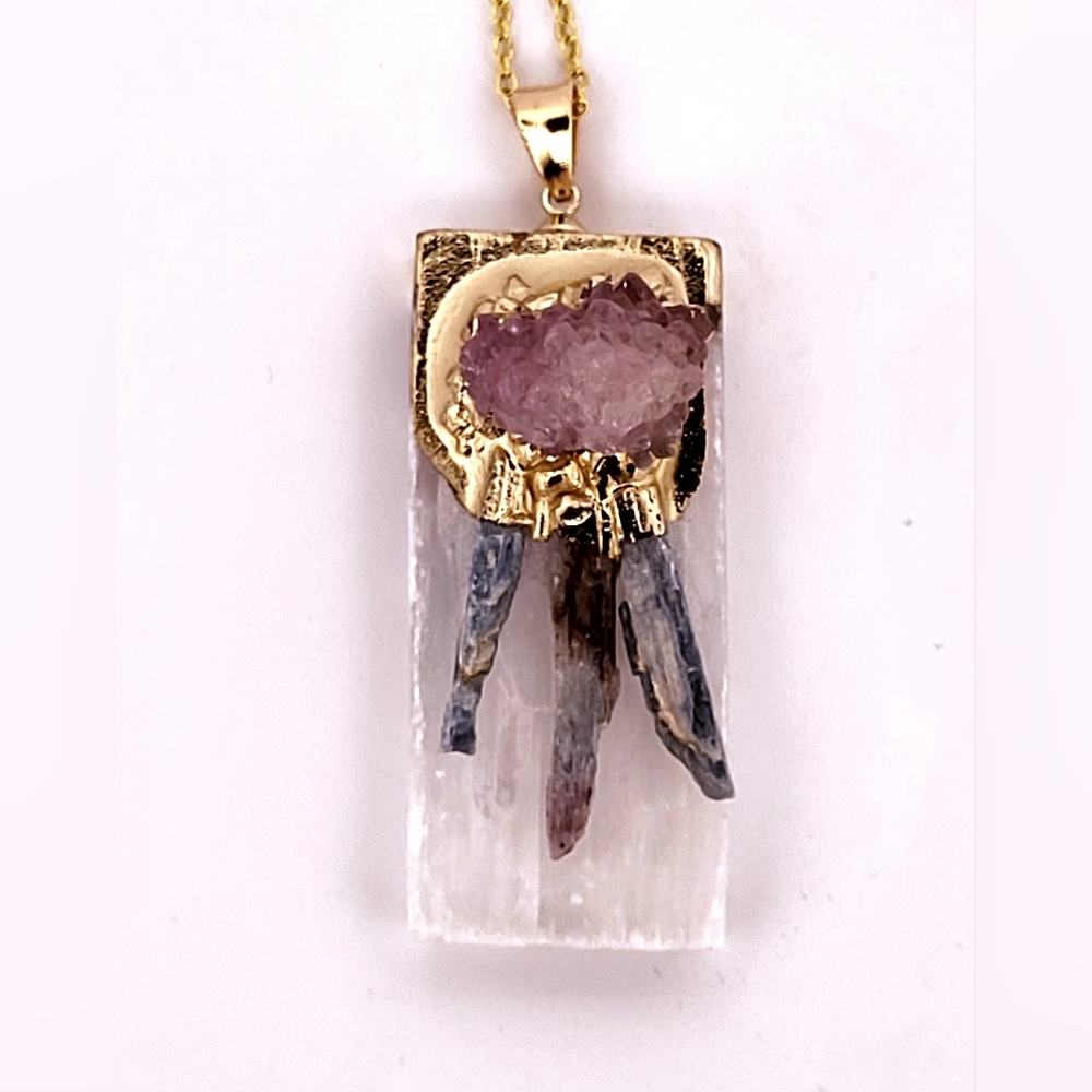 Natural Kyanite, Selenite & Pink Geode Crystal Gold Necklace Nkspgcgn